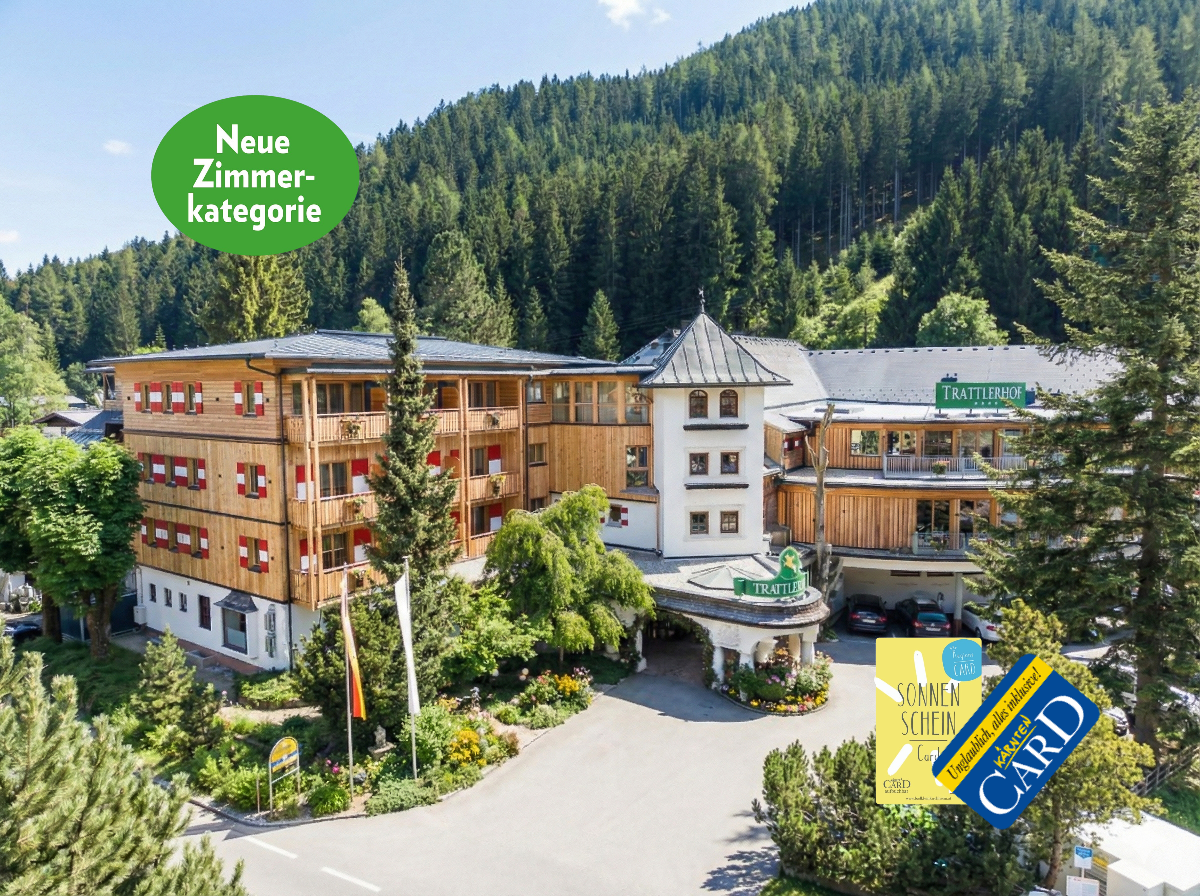 Golfhotel - Außenansicht Hotel Sommer - neue Zimmerkategorie - Sonnenschein & Kärnten Card - Hotel GUT Trattlerhof & Chalets****S
