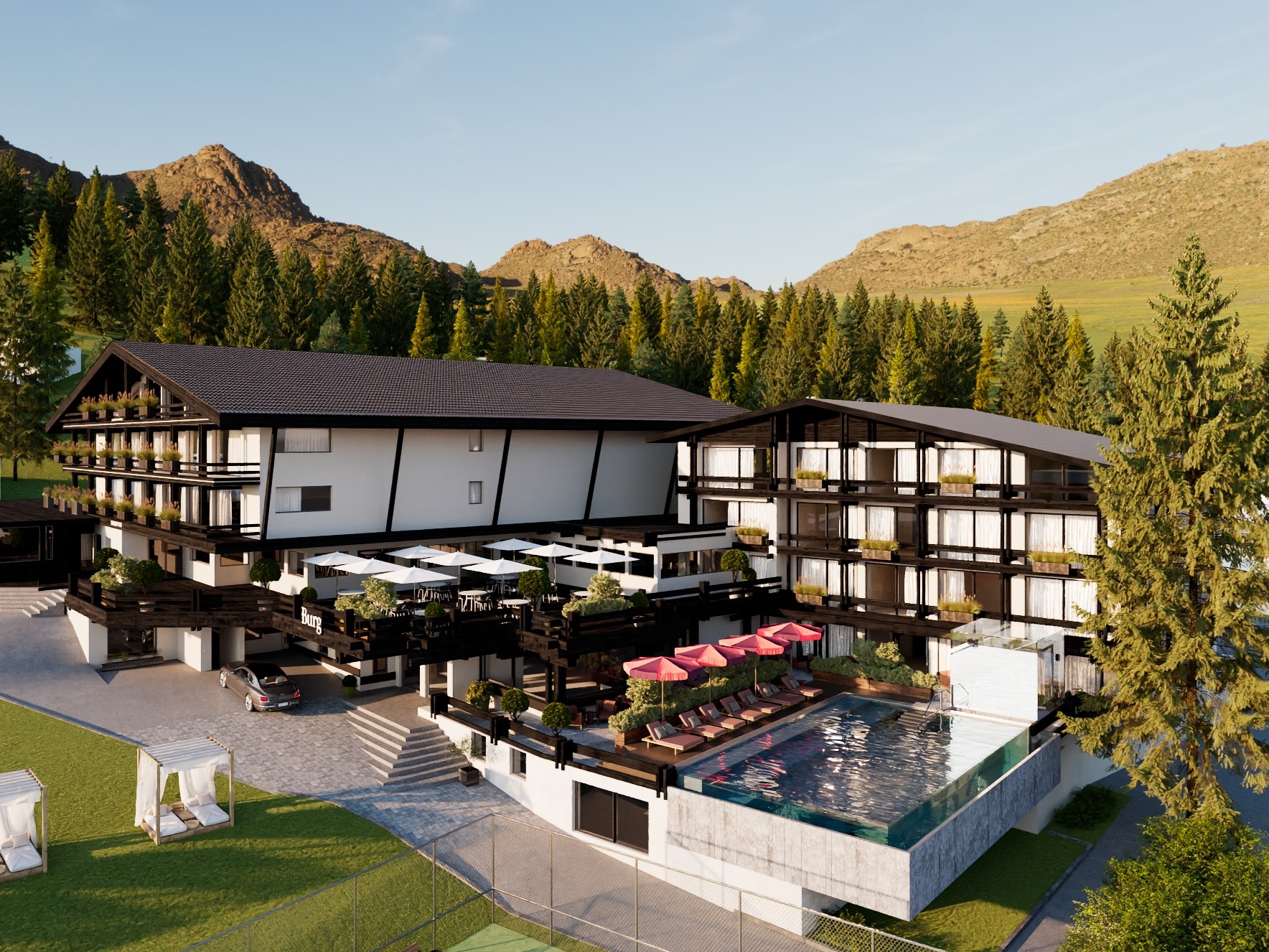 Golfhotel - Burg Hotel Lech Außenansicht mit Infinity-Pool - Burg Hotel Oberlech