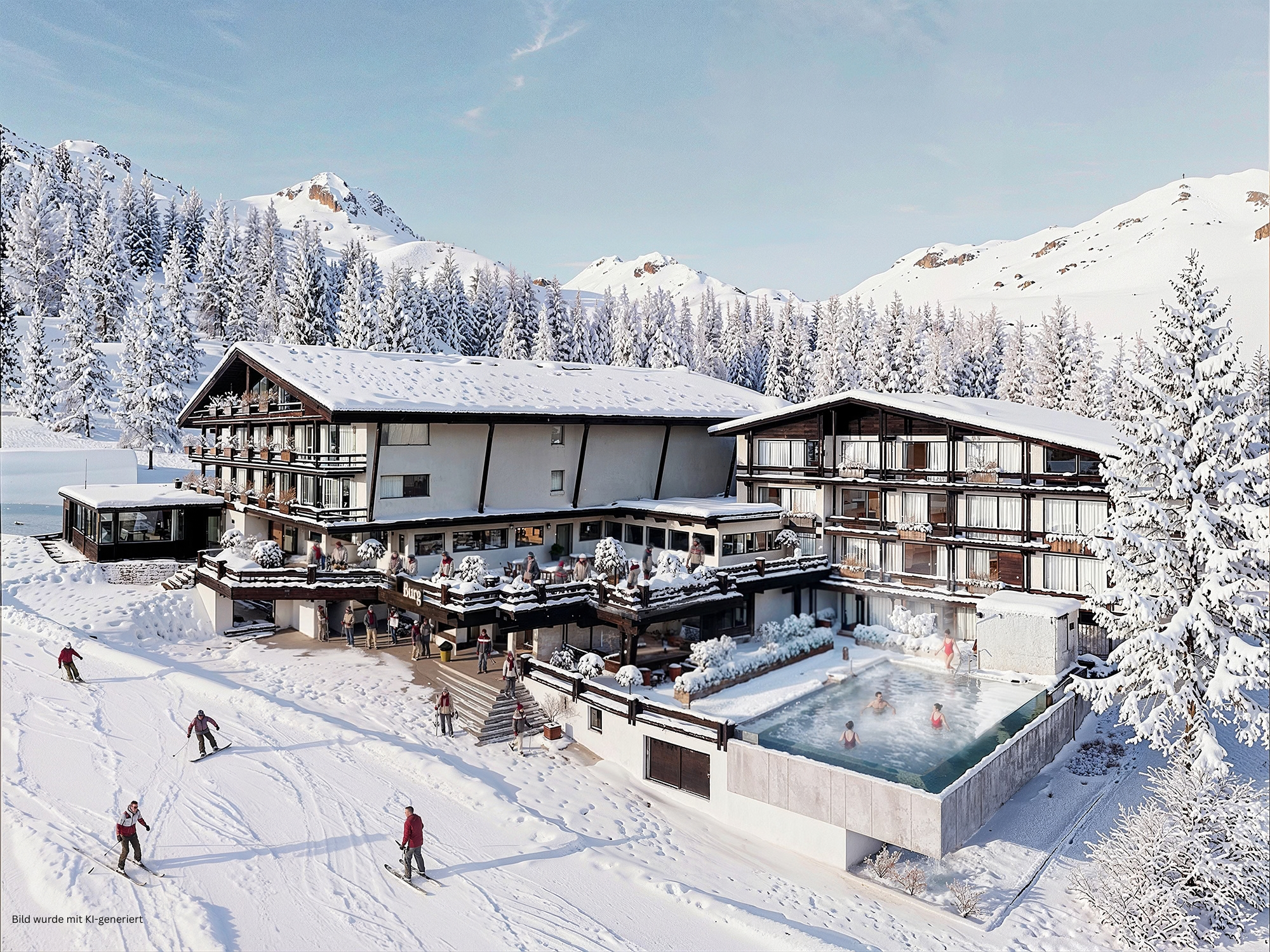 Golfhotel - Burg Hotel Außenansicht Winter - KI generiert - Burg Hotel Oberlech
